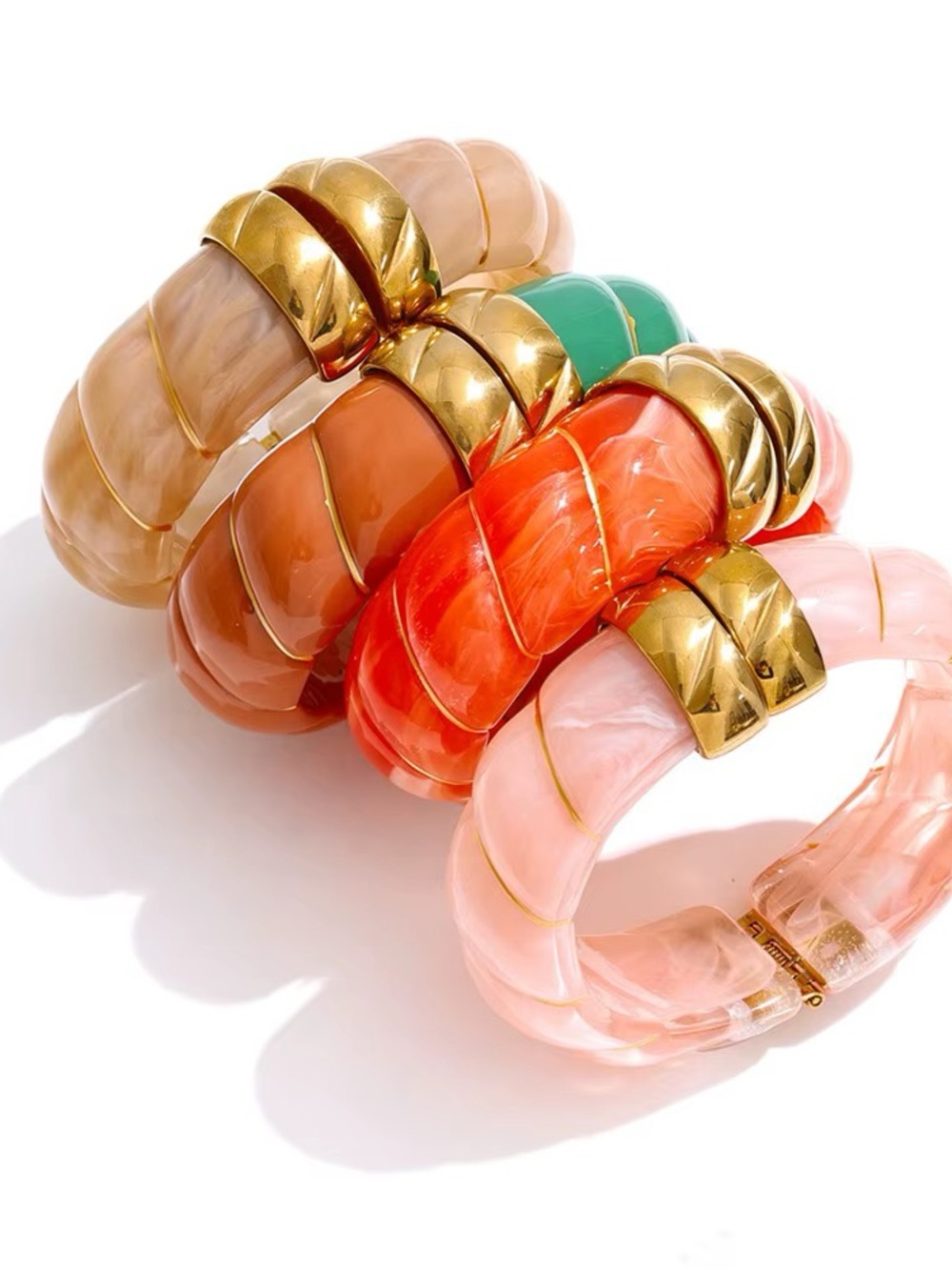 Resin Statement Bangle Bracelet - Pink, Coral, Green, Beige with Gold Accents